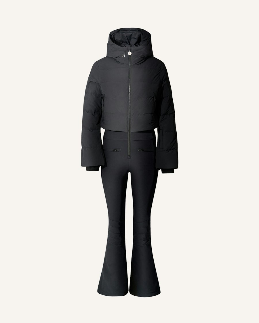 Perfect Moment Polar Flare Down Ski Suit in black, a one-piece with a cropped puffer top and flared legs