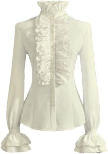 PrettyGuide off-white Victorian-style blouse with a stand collar and ruffled front