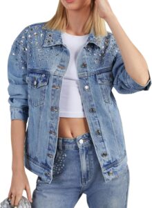 Rhinestone-embellished button-front denim trucker jacket in a medium wash