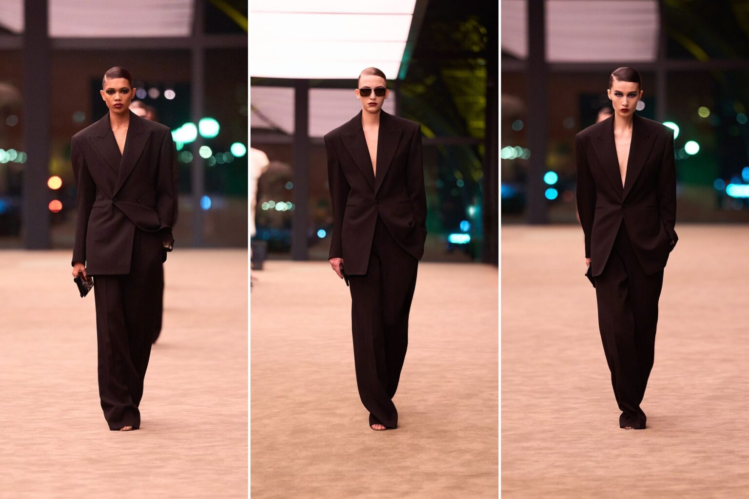 Saint Laurent Fall 2026 looks 1, 4 and 8: black Le Smoking tuxedo suits with long jackets and wide trousers