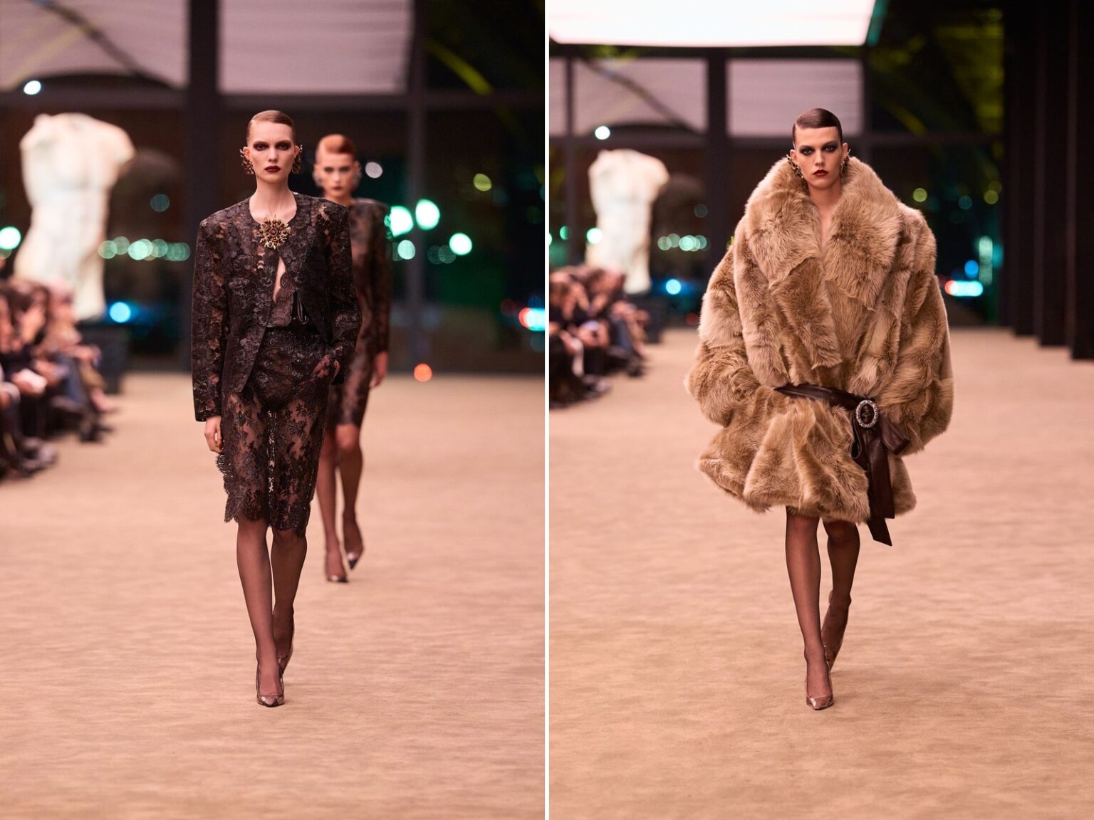 Saint Laurent Fall 2026 looks 33 and 23: a black lace jacket with a lace skirt, and an oversized tan coat belted at the waist
