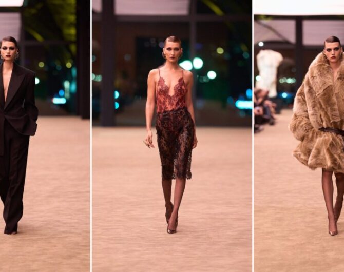 Saint Laurent Fall 2026 runway collage: a black Le Smoking tuxedo, a lace slip dress and an oversized belted coat