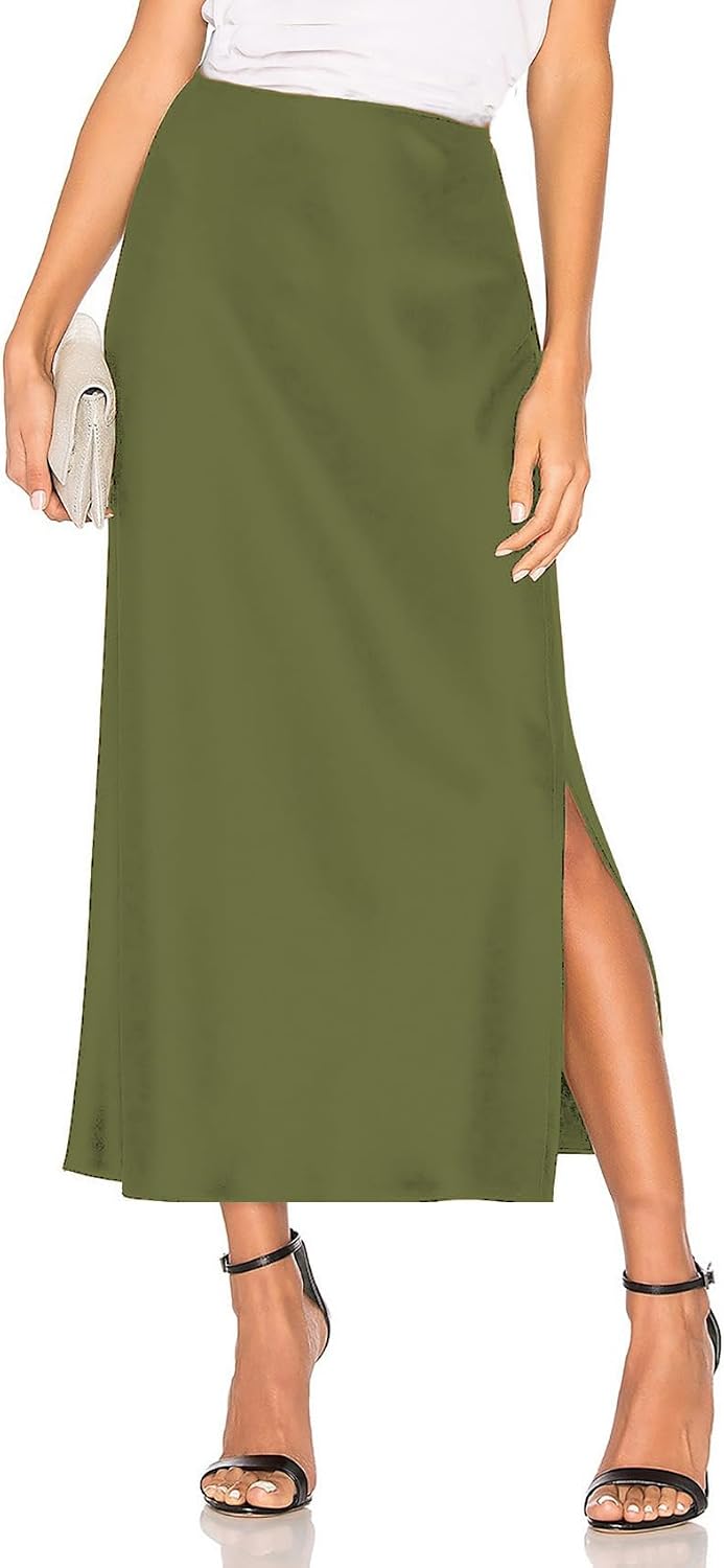 Army green satin high-waisted midi skirt for a midi skirt with cowboy boots look