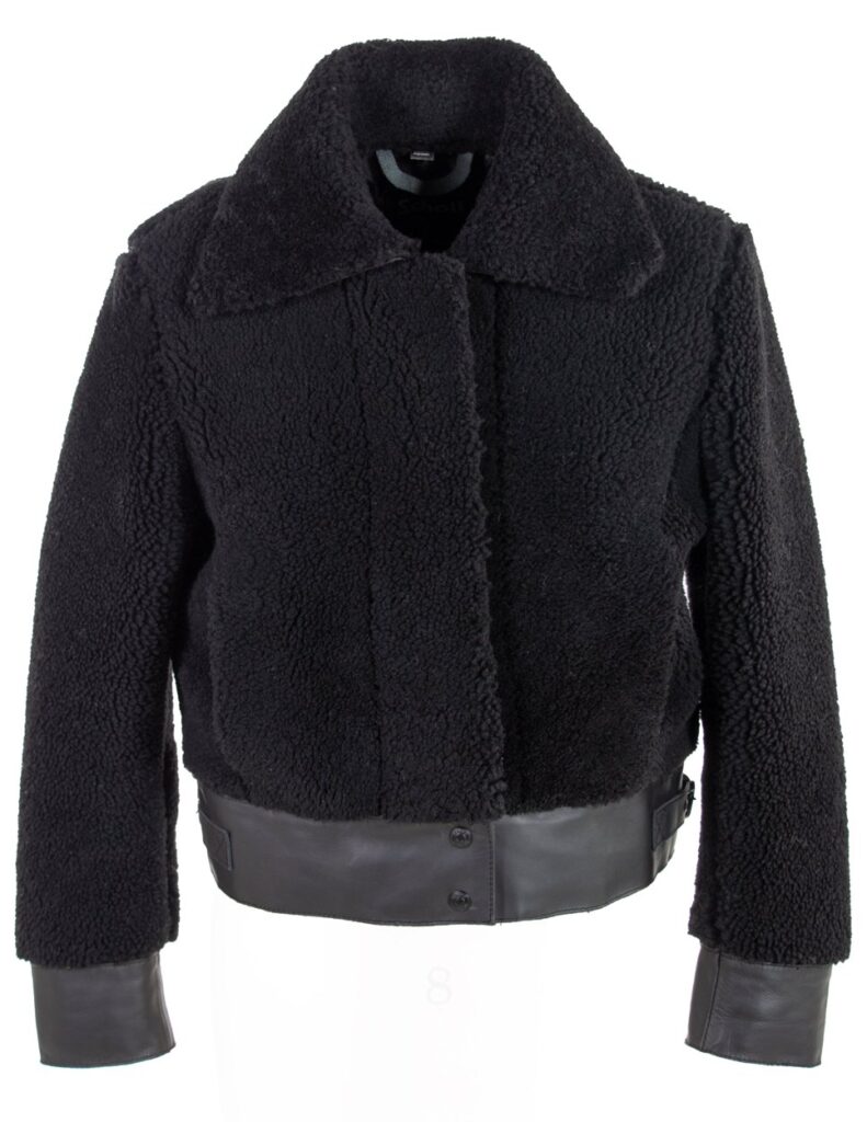 Schott 2125W women's curly sheepskin bomber jacket in a dark Ebony shade with a leather waistband and cuffs