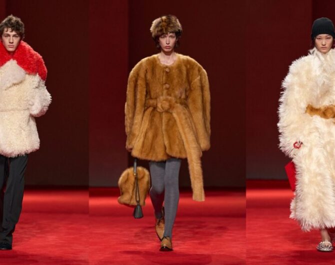 Shearling coat outfit ideas from Bottega Veneta Fall 2026: a shaggy cream jacket with a red collar over black trousers, a belted camel shaggy coat with grey tights, and a long cream shaggy coat with a camel belt (looks 43, 49 and 40)