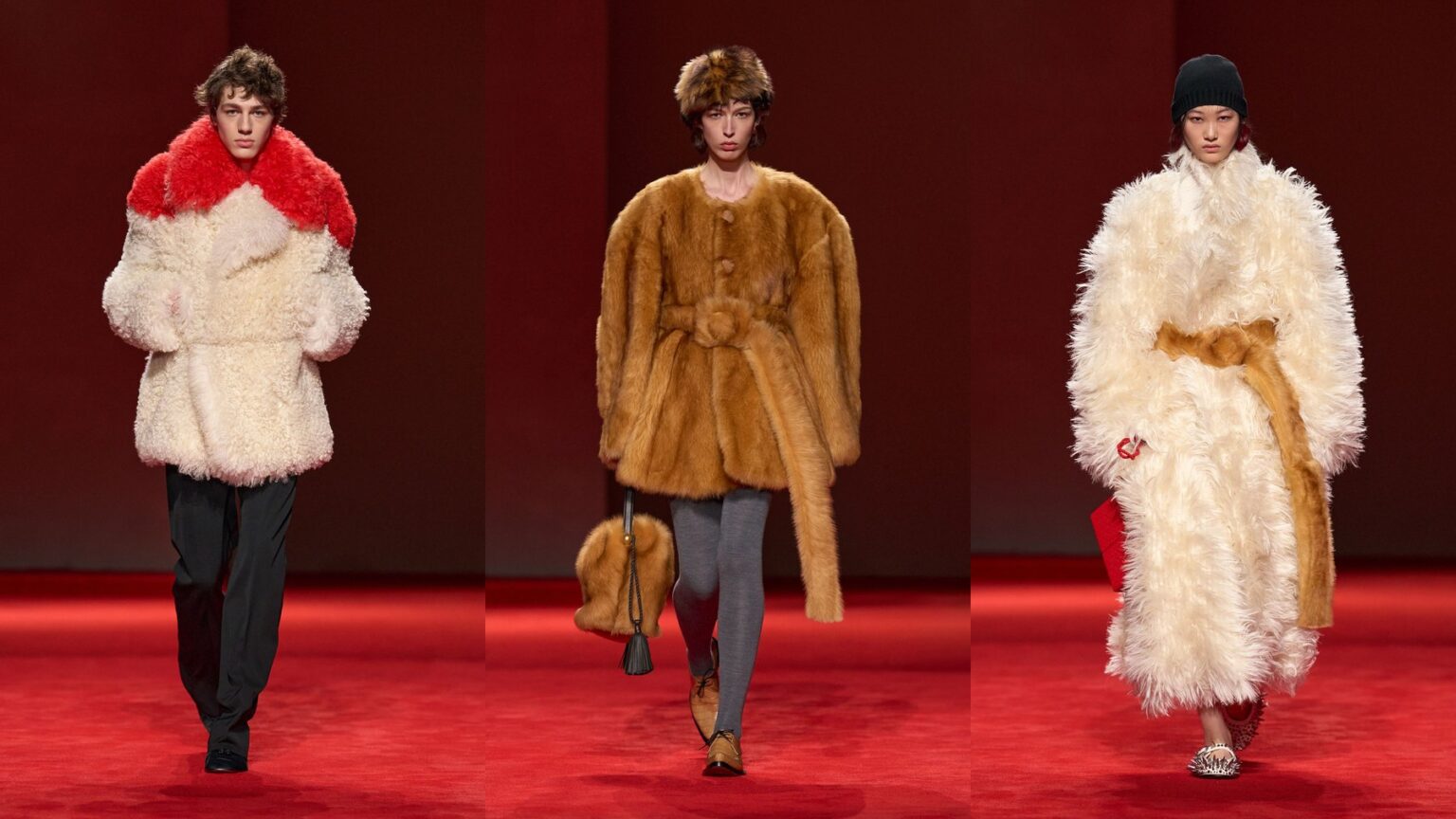 Shearling coat outfit ideas from Bottega Veneta Fall 2026: a shaggy cream jacket with a red collar over black trousers, a belted camel shaggy coat with grey tights, and a long cream shaggy coat with a camel belt (looks 43, 49 and 40)