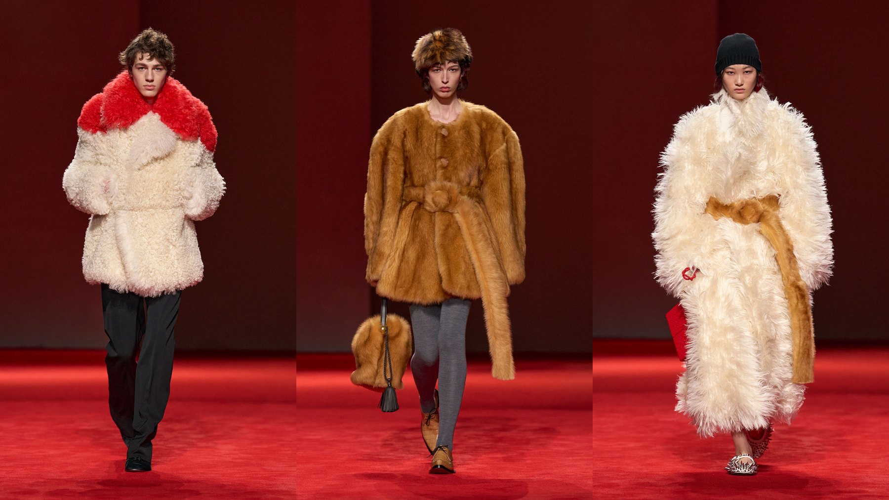 Shearling coat outfit ideas from Bottega Veneta Fall 2026: a shaggy cream jacket with a red collar over black trousers, a belted camel shaggy coat with grey tights, and a long cream shaggy coat with a camel belt (looks 43, 49 and 40)