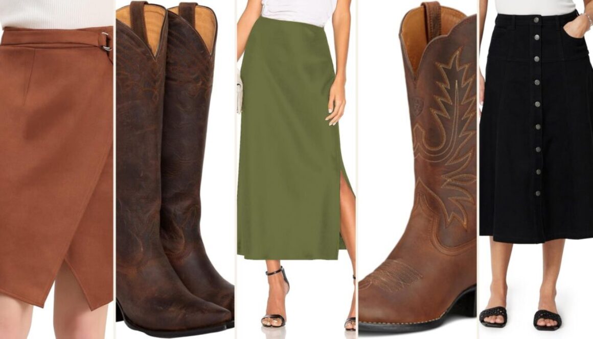 Skirt with cowboy boots product collage: faux suede knee-length skirt, tall snip toe boots, satin midi skirt, Ariat R toe boot, denim midi skirt