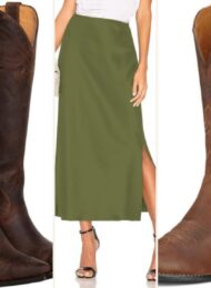 Skirt with cowboy boots product collage: faux suede knee-length skirt, tall snip toe boots, satin midi skirt, Ariat R toe boot, denim midi skirt