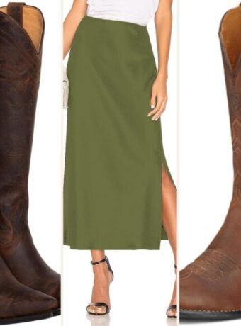 Skirt with cowboy boots product collage: faux suede knee-length skirt, tall snip toe boots, satin midi skirt, Ariat R toe boot, denim midi skirt