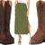 Skirt with cowboy boots product collage: faux suede knee-length skirt, tall snip toe boots, satin midi skirt, Ariat R toe boot, denim midi skirt
