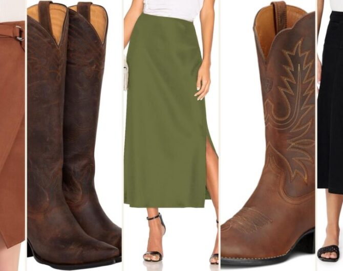 Skirt with cowboy boots product collage: faux suede knee-length skirt, tall snip toe boots, satin midi skirt, Ariat R toe boot, denim midi skirt