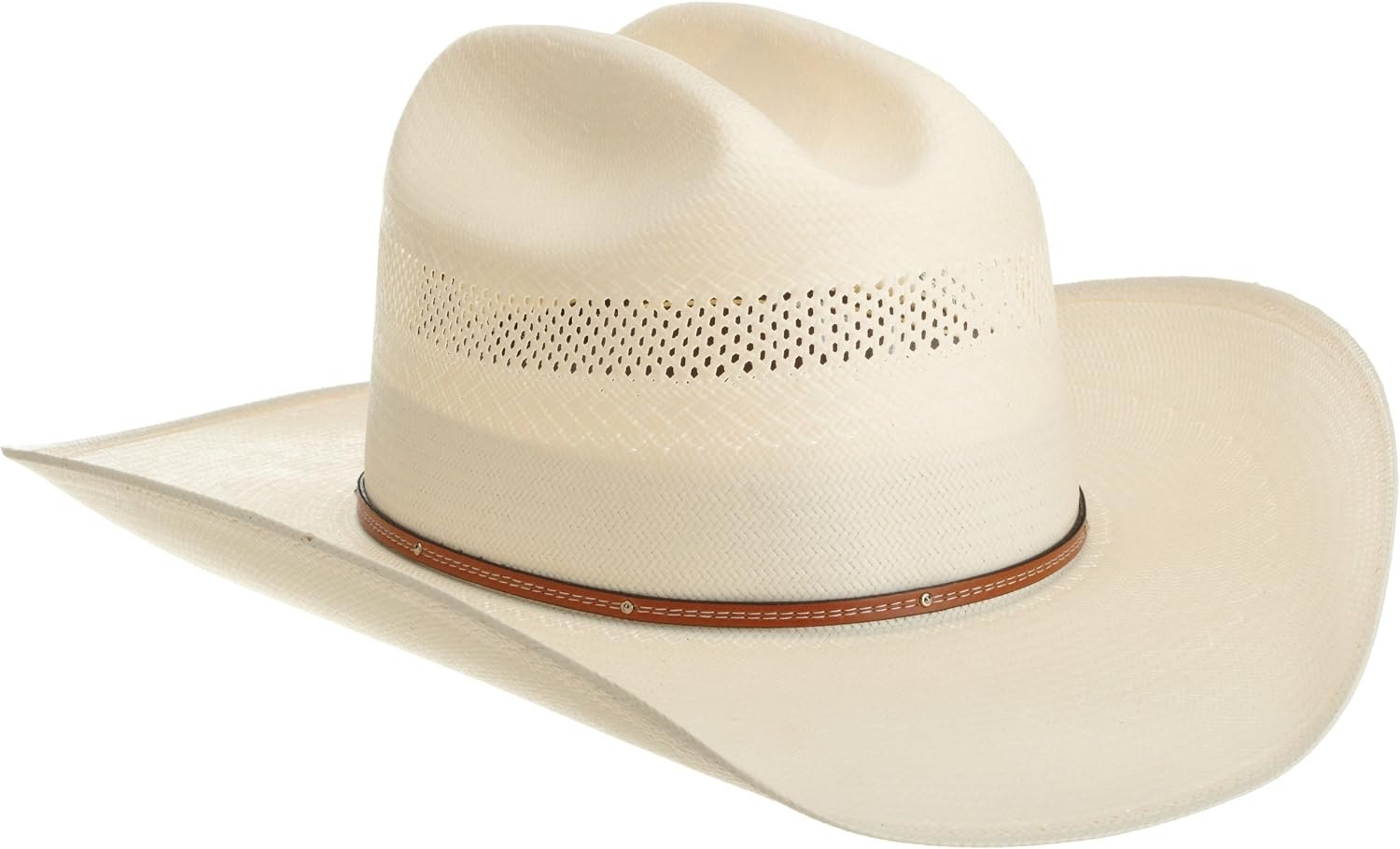 Stetson natural straw cowboy hat with a cattleman crown and brown leather band