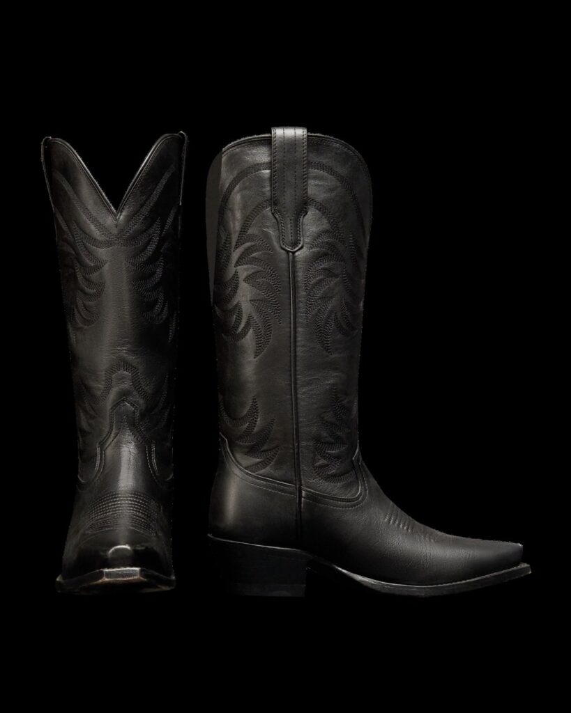 Tecovas The Annie cowgirl boot in Midnight black cowhide with a 14-inch scalloped shaft and a snip toe
