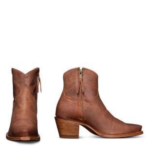 Tecovas The Daisy women's zip bootie in brown Scotch goat leather with a snip toe, stacked leather heel and inside zipper