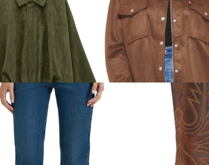Texas suede jacket outfit product collage: faux suede bomber, soft suede shirt jacket, bootcut jean, and western boots