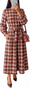 Wenrine red and brown plaid long-sleeve midi dress with a tie waist