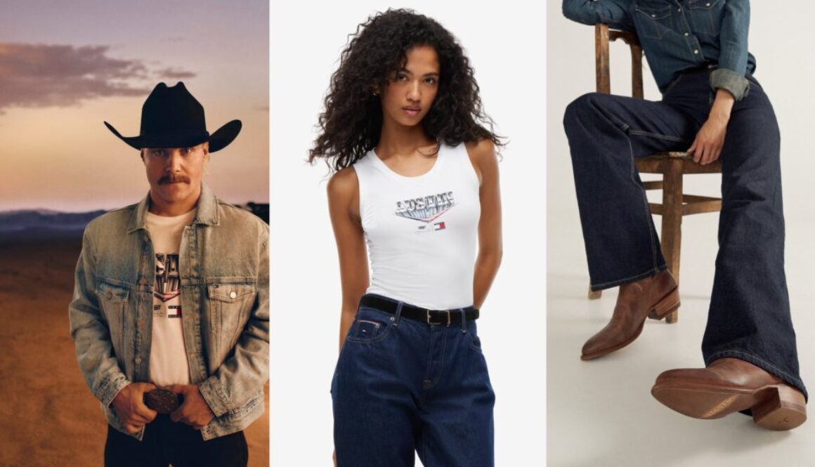 What to wear to F1 Austin: Tommy Hilfiger x Cadillac Austin denim look, Austin tank with dark jeans, and brown cowgirl boots with dark flare jeans