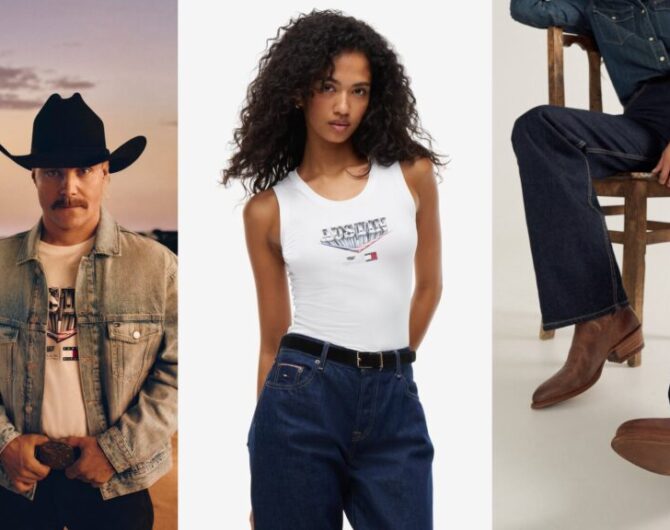 What to wear to F1 Austin: Tommy Hilfiger x Cadillac Austin denim look, Austin tank with dark jeans, and brown cowgirl boots with dark flare jeans