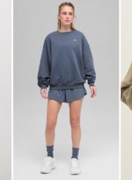 Alo vs Vuori vs Joah Brown side by side: the Vuori Halo Essential Hoodie in black heather, the Alo Accolade Crew Neck Pullover in bluestone and the Joah Brown Classic Zip Hoodie in sand French terry