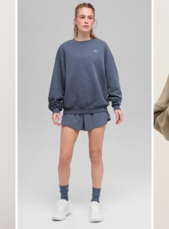 Alo vs Vuori vs Joah Brown side by side: the Vuori Halo Essential Hoodie in black heather, the Alo Accolade Crew Neck Pullover in bluestone and the Joah Brown Classic Zip Hoodie in sand French terry