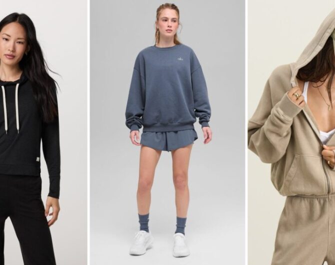 Alo vs Vuori vs Joah Brown side by side: the Vuori Halo Essential Hoodie in black heather, the Alo Accolade Crew Neck Pullover in bluestone and the Joah Brown Classic Zip Hoodie in sand French terry