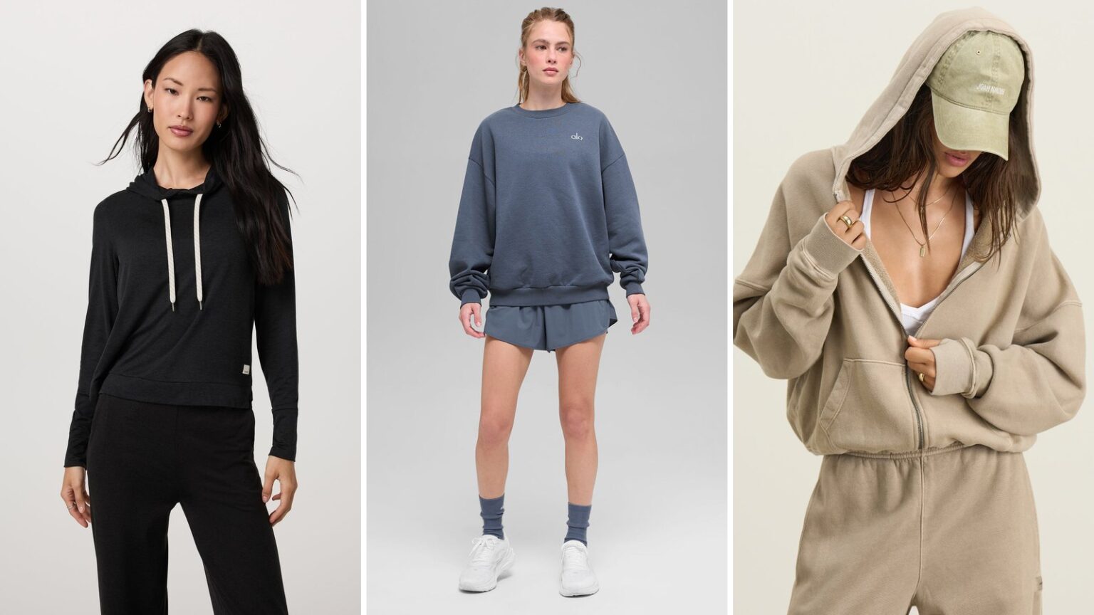 Alo vs Vuori vs Joah Brown side by side: the Vuori Halo Essential Hoodie in black heather, the Alo Accolade Crew Neck Pullover in bluestone and the Joah Brown Classic Zip Hoodie in sand French terry