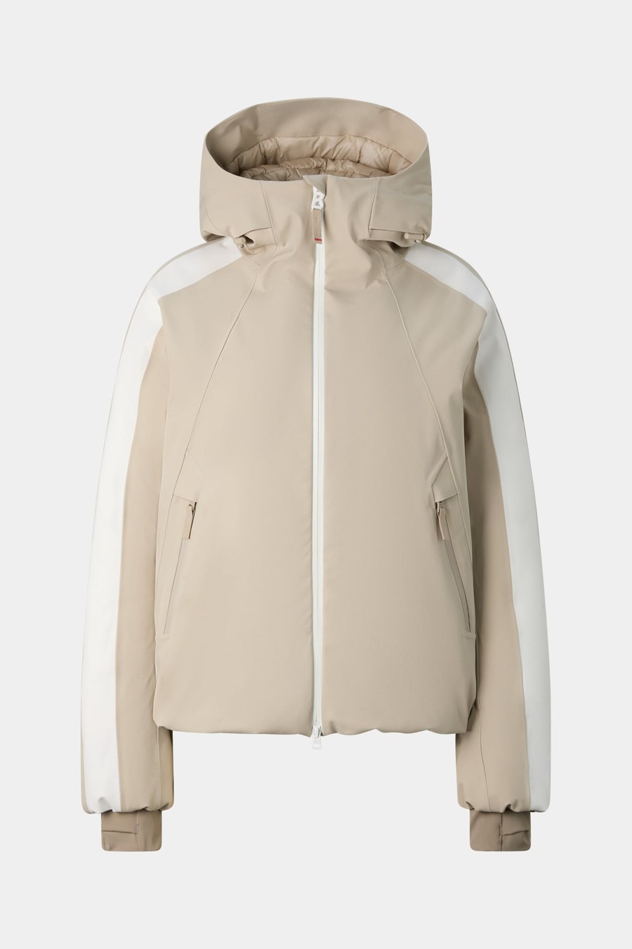 Bogner FIRE+ICE Tace ski jacket in beige with white sleeve panels and a hood