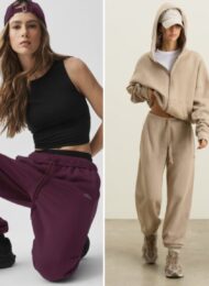 Brands like Vuori side by side: the Vuori Performance Jogger in ecru heather, the Alo Accolade Sweatpant in rich bordeaux, the Joah Brown Classic Jogger in sand French terry and the Varley Slim Cuff Pant in ivory marl