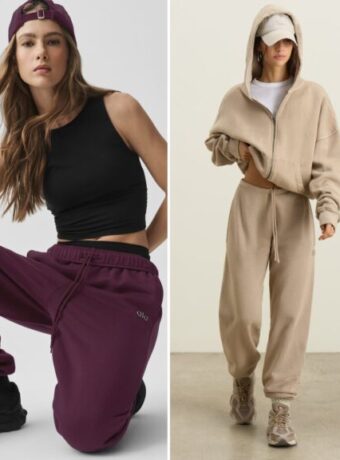 Brands like Vuori side by side: the Vuori Performance Jogger in ecru heather, the Alo Accolade Sweatpant in rich bordeaux, the Joah Brown Classic Jogger in sand French terry and the Varley Slim Cuff Pant in ivory marl