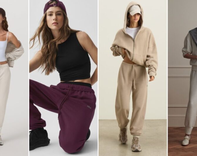 Brands like Vuori side by side: the Vuori Performance Jogger in ecru heather, the Alo Accolade Sweatpant in rich bordeaux, the Joah Brown Classic Jogger in sand French terry and the Varley Slim Cuff Pant in ivory marl