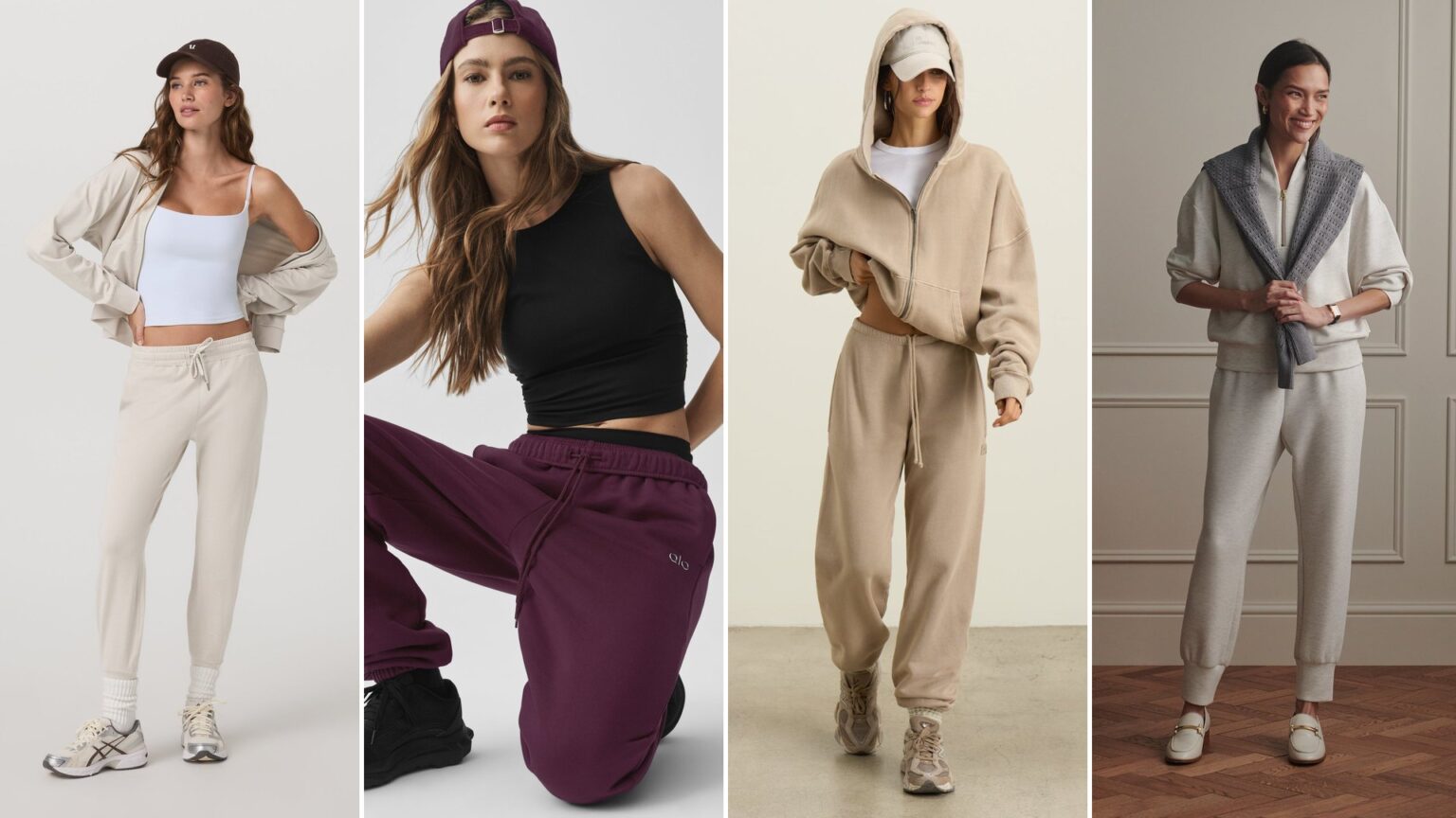 Brands like Vuori side by side: the Vuori Performance Jogger in ecru heather, the Alo Accolade Sweatpant in rich bordeaux, the Joah Brown Classic Jogger in sand French terry and the Varley Slim Cuff Pant in ivory marl