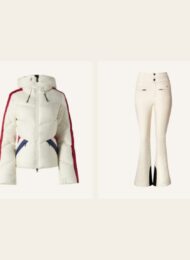 Four ski pieces at different price points: a beige and white Bogner jacket, a cream Perfect Moment down jacket and two Perfect Moment flare ski pants