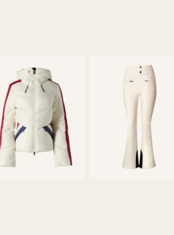Four ski pieces at different price points: a beige and white Bogner jacket, a cream Perfect Moment down jacket and two Perfect Moment flare ski pants
