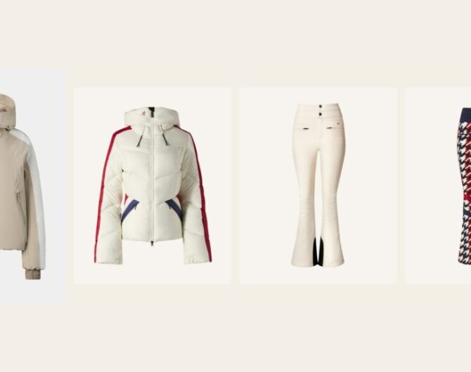 Four ski pieces at different price points: a beige and white Bogner jacket, a cream Perfect Moment down jacket and two Perfect Moment flare ski pants