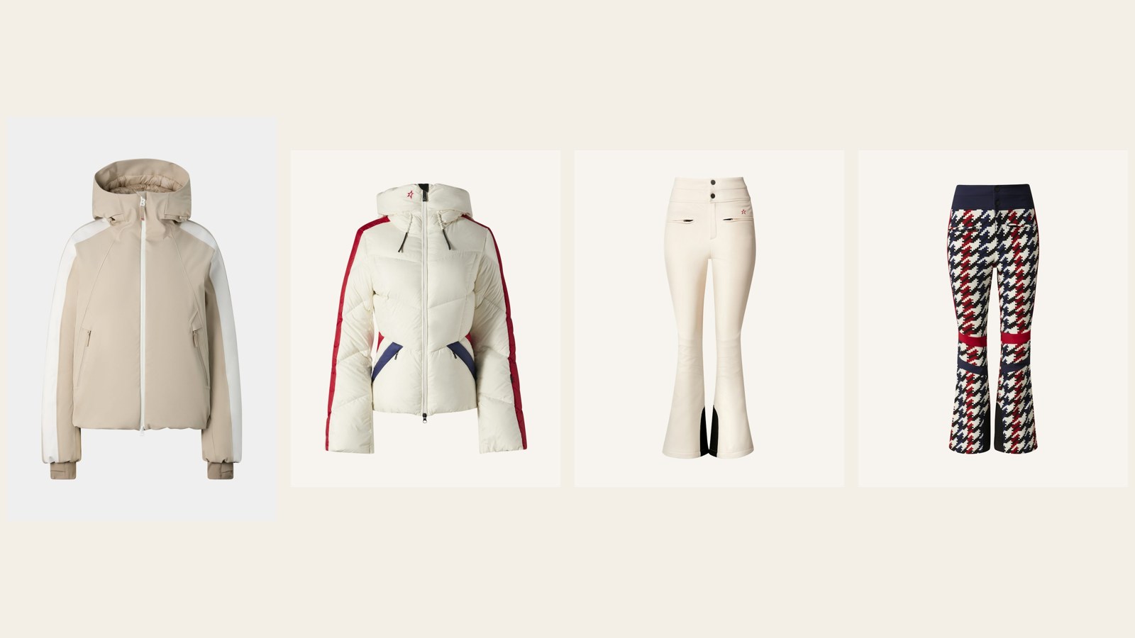 Four ski pieces at different price points: a beige and white Bogner jacket, a cream Perfect Moment down jacket and two Perfect Moment flare ski pants
