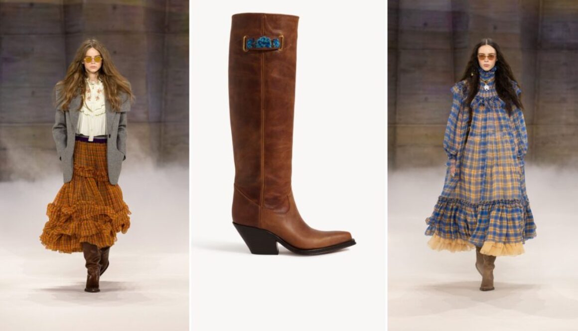 Chloé cowboy boots for fall 2026: a tiered check skirt with brown boots on the runway, the Chloé Azelan Western boot in amber brown, and a plaid tiered dress with boots