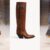 Chloé cowboy boots for fall 2026: a tiered check skirt with brown boots on the runway, the Chloé Azelan Western boot in amber brown, and a plaid tiered dress with boots