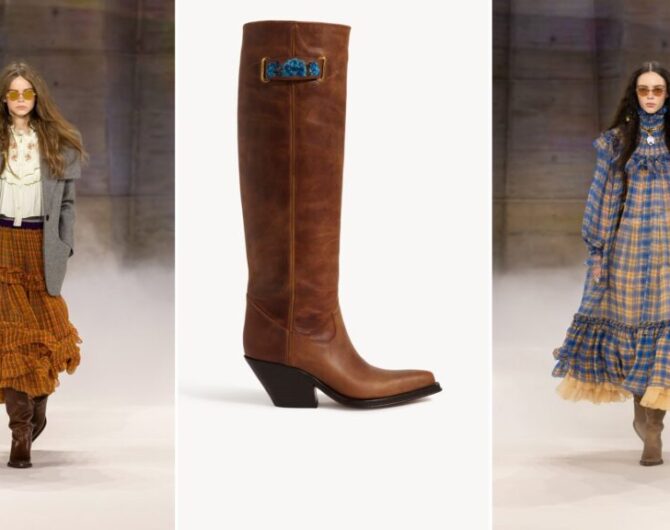 Chloé cowboy boots for fall 2026: a tiered check skirt with brown boots on the runway, the Chloé Azelan Western boot in amber brown, and a plaid tiered dress with boots