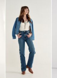 Cowgirl Halloween costume ideas: a fringe jacket with a cowboy hat and tall boots, denim on denim with cowgirl boots, and a black fringe jacket with green boots