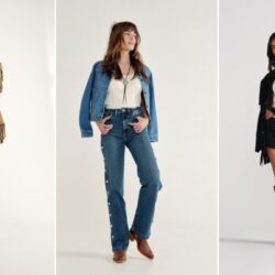 Cowgirl Halloween costume ideas: a fringe jacket with a cowboy hat and tall boots, denim on denim with cowgirl boots, and a black fringe jacket with green boots