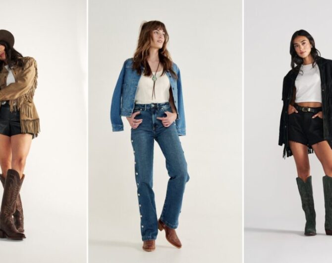 Cowgirl Halloween costume ideas: a fringe jacket with a cowboy hat and tall boots, denim on denim with cowgirl boots, and a black fringe jacket with green boots