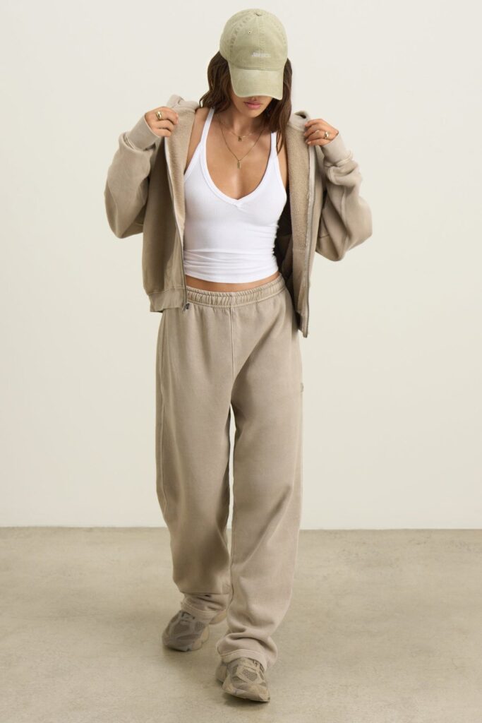 Joah Brown Classic Zip Hoodie in sand French terry, an oversized zip hoodie worn with matching sand sweatpants and a cap