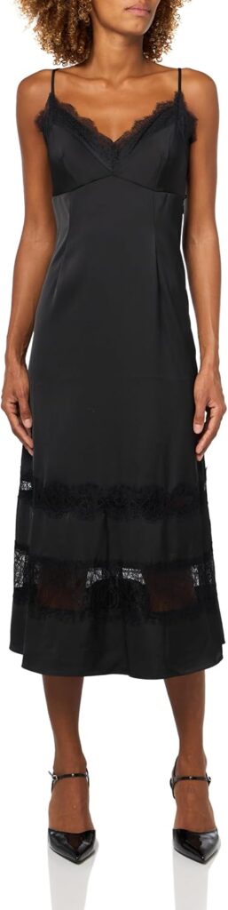 kate spade new york black satin midi slip dress with lace trim