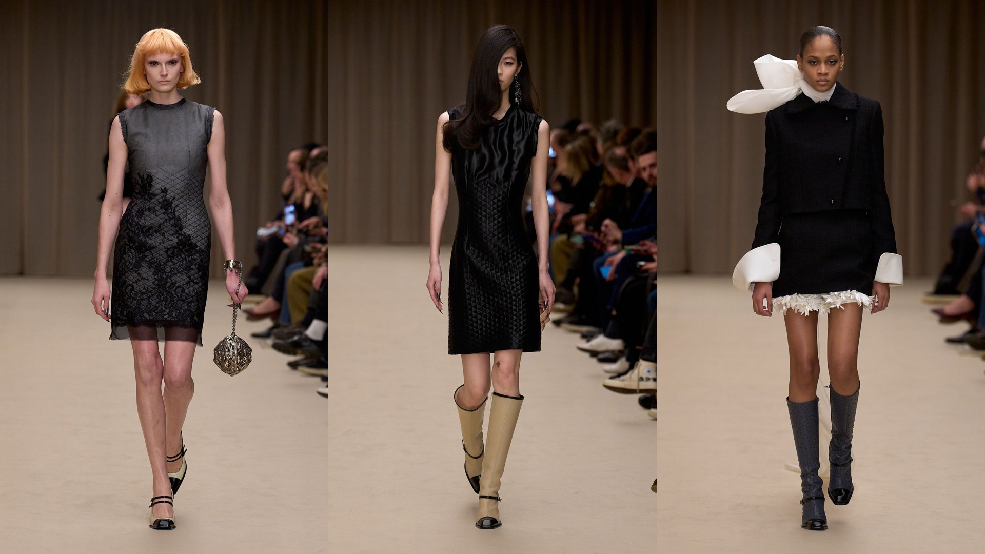 Luxury western style inspiration: three McQueen Fall 2026 runway looks in black and gray