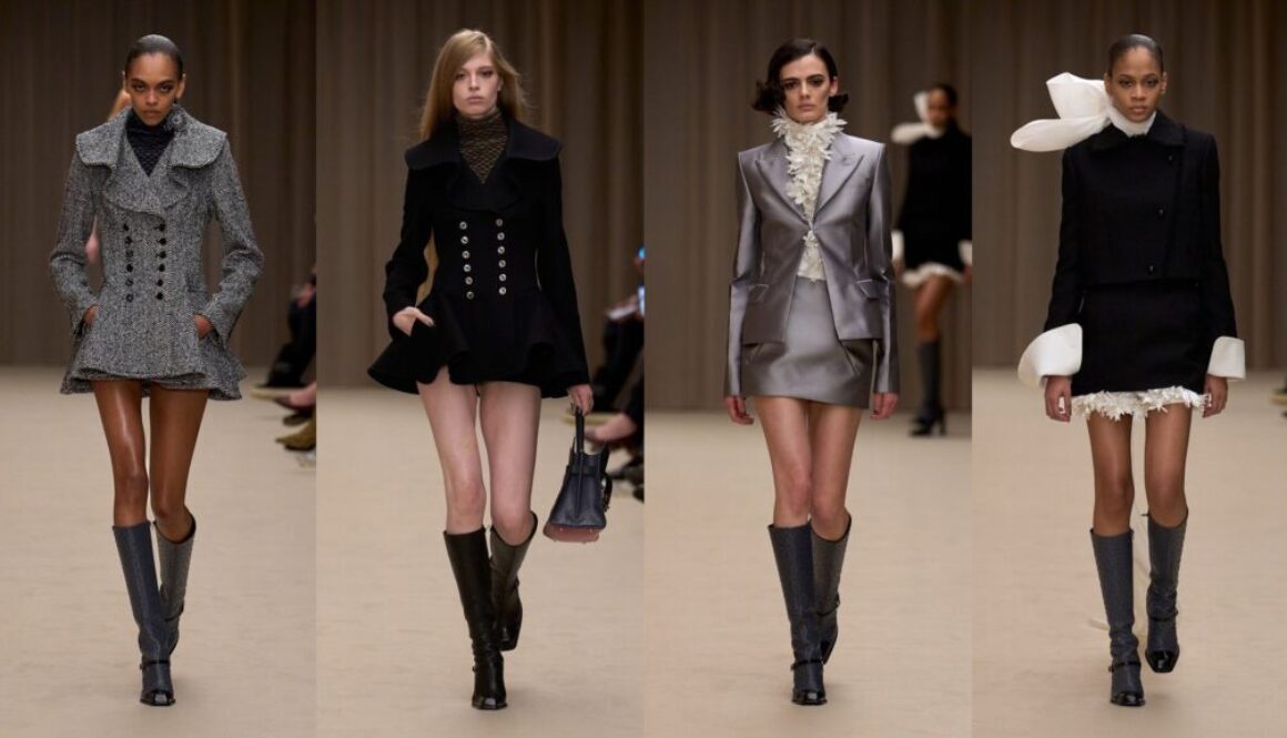 McQueen tailoring with cowboy boots inspiration: four McQueen Fall 2026 runway looks with sharp jackets and knee boots
