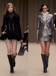 McQueen tailoring with cowboy boots inspiration: four McQueen Fall 2026 runway looks with sharp jackets and knee boots