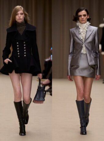McQueen tailoring with cowboy boots inspiration: four McQueen Fall 2026 runway looks with sharp jackets and knee boots