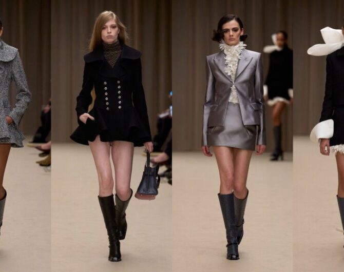 McQueen tailoring with cowboy boots inspiration: four McQueen Fall 2026 runway looks with sharp jackets and knee boots