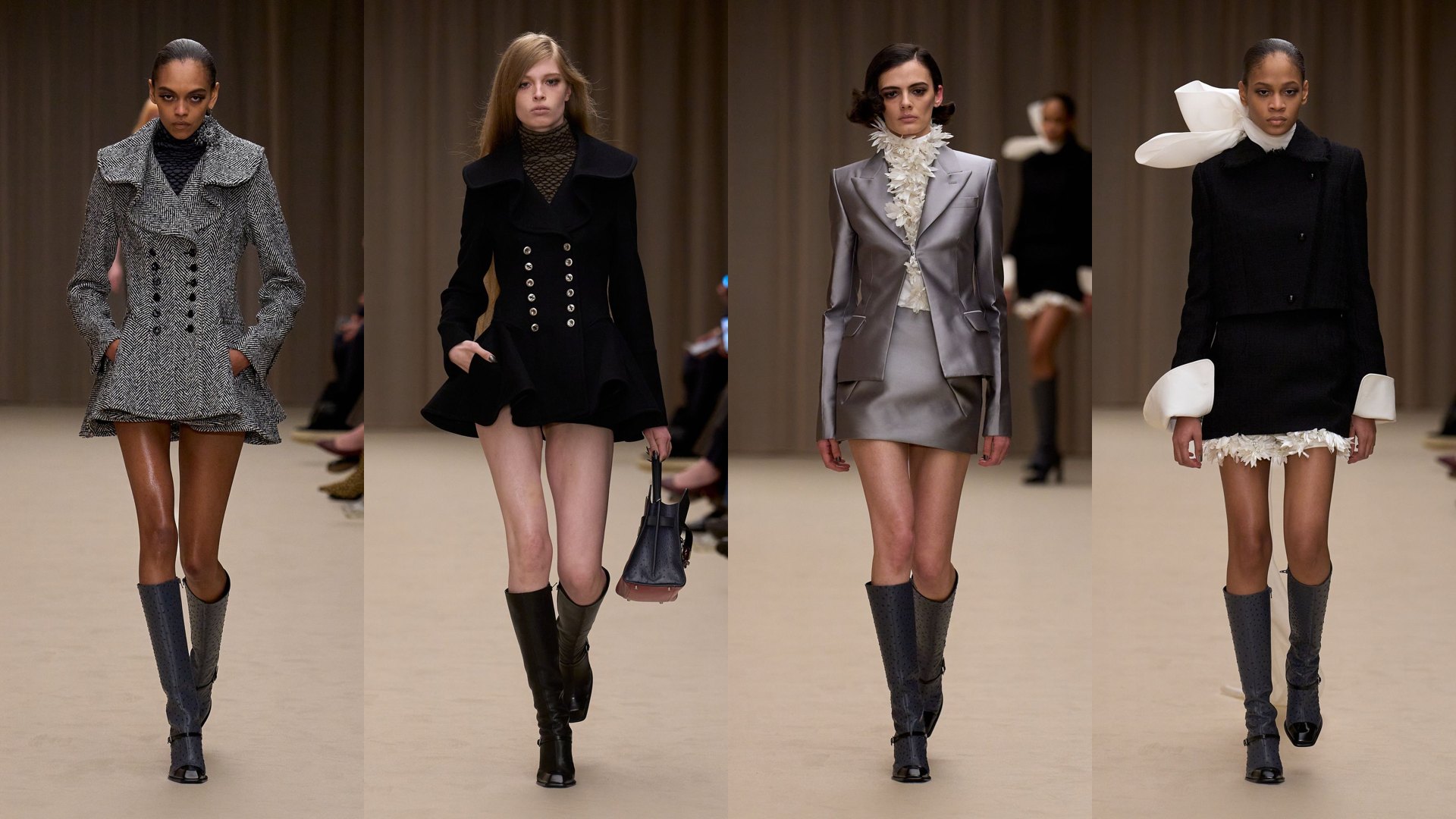 McQueen tailoring with cowboy boots inspiration: four McQueen Fall 2026 runway looks with sharp jackets and knee boots